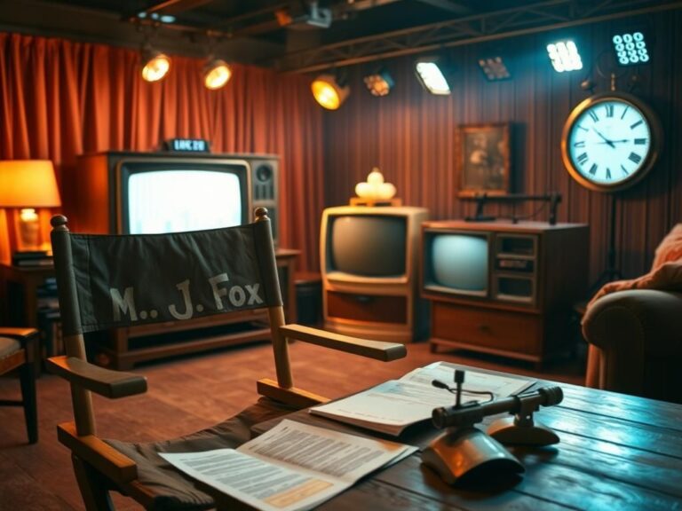 Flick International Vintage film set with a director's chair labeled 'M.J. Fox' and classic sitcom elements