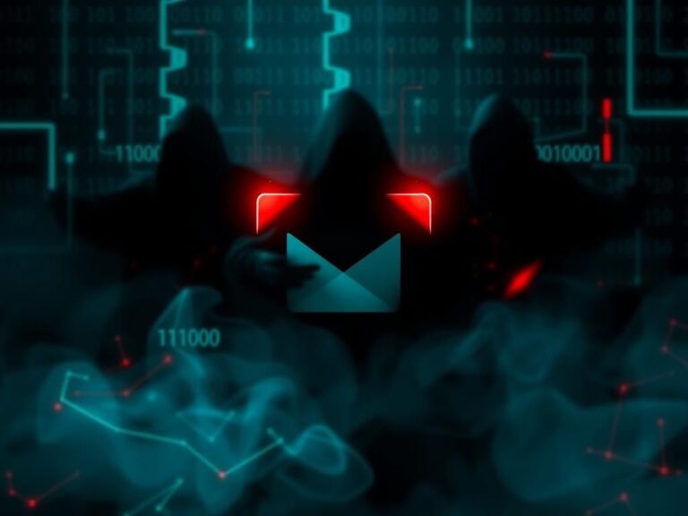 Flick International Abstract digital art depicting a cybersecurity breach with a stylized Gmail logo surrounded by shadowy figures.