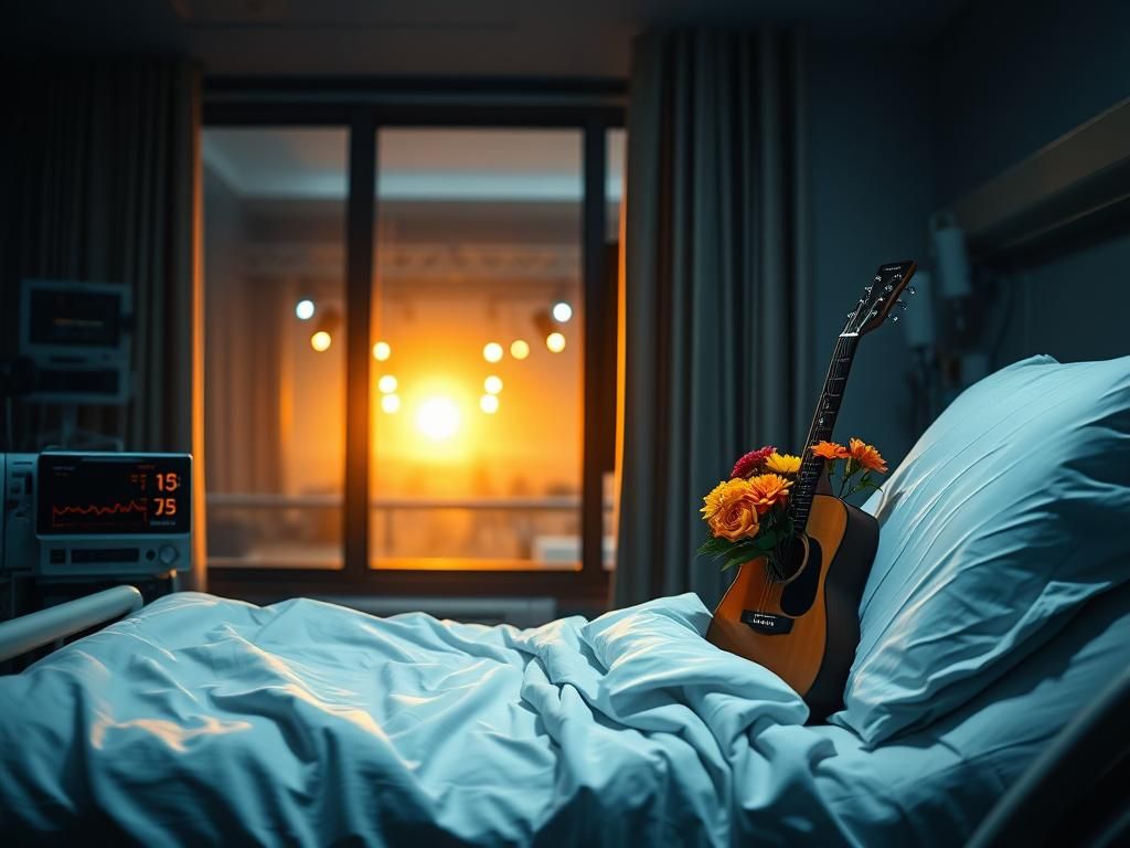 Flick International Hospital room with a bed, medical equipment, flowers, and a guitar
