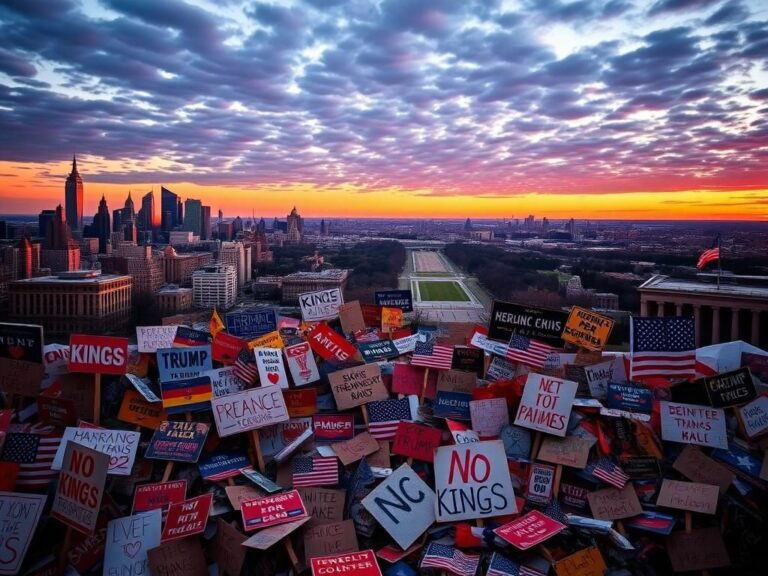 Flick International Dawn skyline of major US cities with protest signs highlighting 'No Kings' demonstration