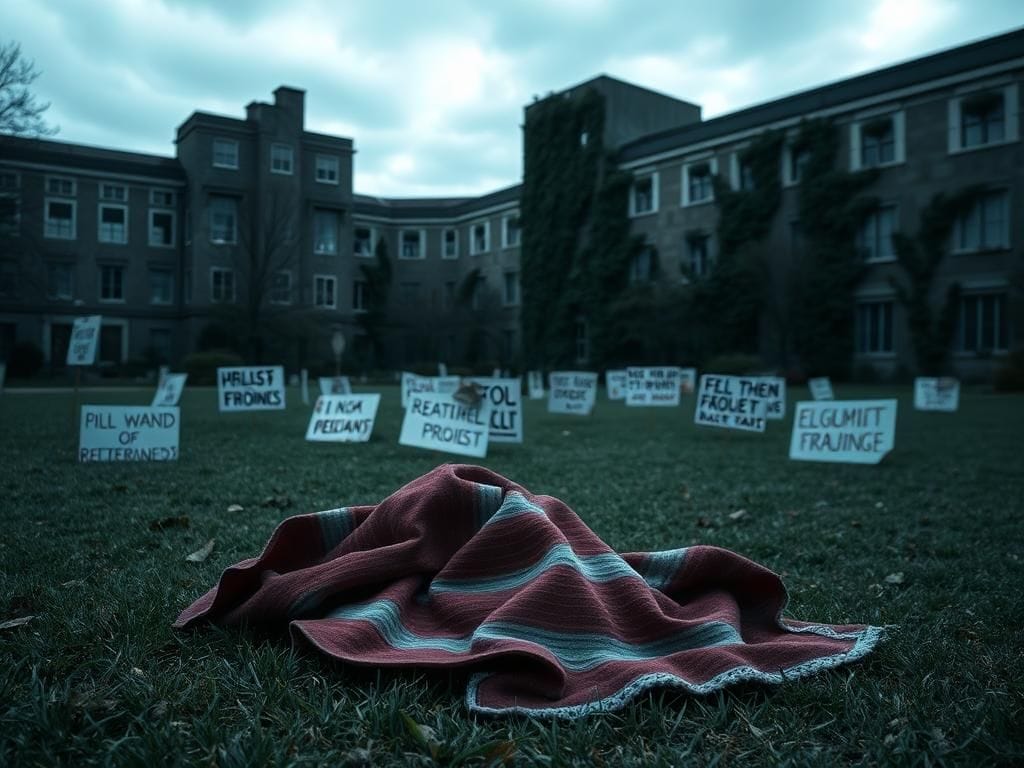 Flick International Desolate college campus with a crumpled keffiyeh on the grass, symbolizing silence among activists
