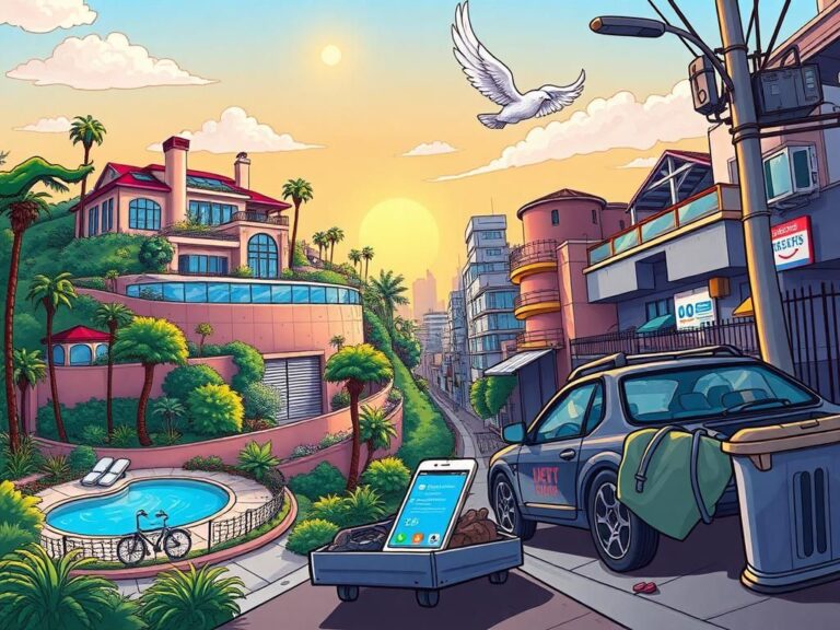 Flick International A vibrant Los Angeles cityscape contrasting luxury and urban struggle in 'Good Fortune.'