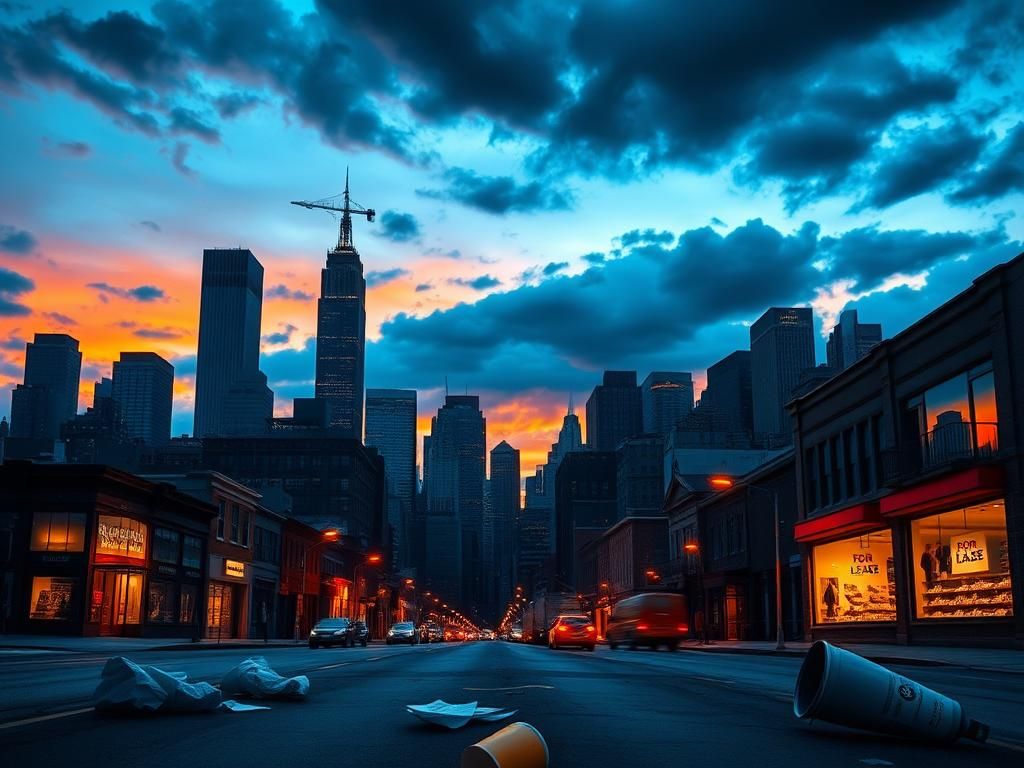 Flick International A dramatic skyline of New York City at dusk with iconic skyscrapers silhouetted against a fiery sunset.