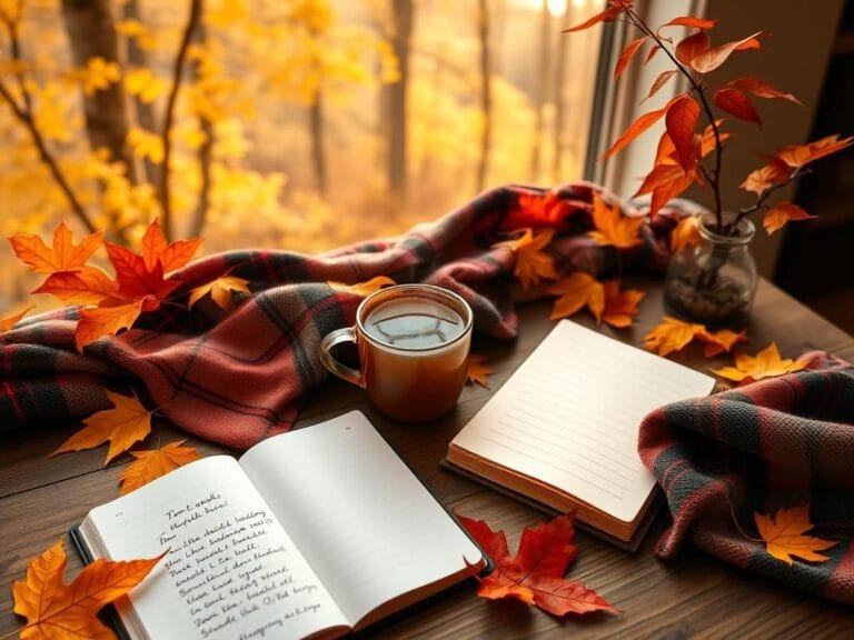 Flick International Cozy autumn scene with a warm plaid blanket, herbal tea, and an open journal surrounded by fall leaves