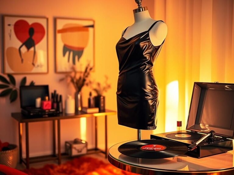 Flick International Elegant black latex dress showcased in a glamorous setting