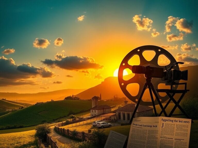 Flick International A moody collage representing the world of entertainment with a vintage film reel and iconic Hollywood symbols.