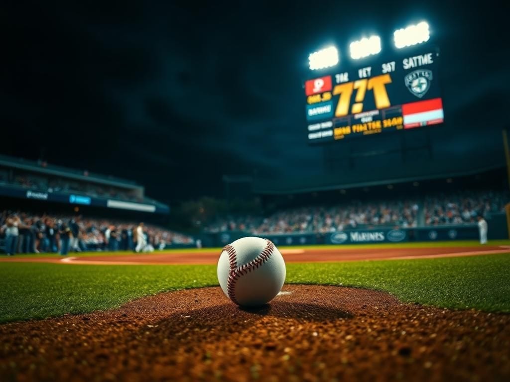 Flick International Empty baseball diamond with a singular baseball before home plate, under bright stadium lights
