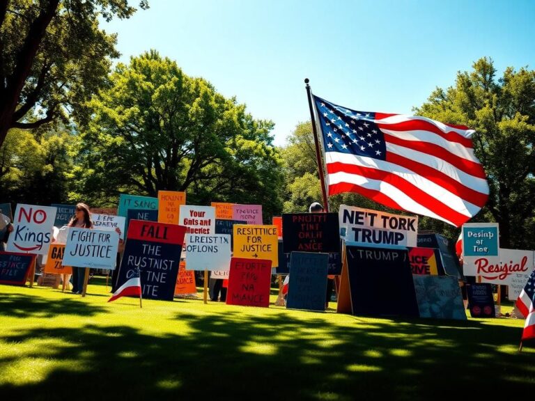 Flick International Colorful protest signage at a 'No Kings' protest with a large American flag in the foreground