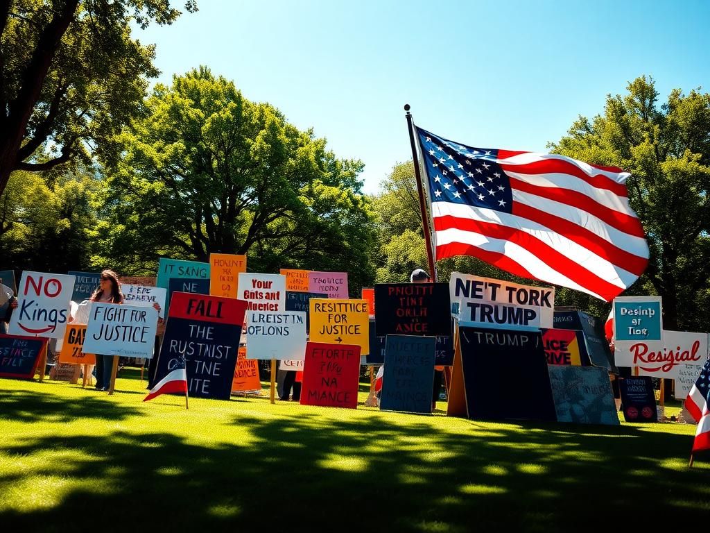 Flick International Colorful protest signage at a 'No Kings' protest with a large American flag in the foreground