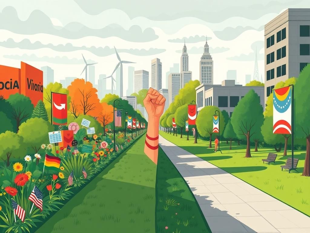 Flick International Conceptual illustration depicting the ideological divide in the Democratic Party with a split pathway in an urban park.