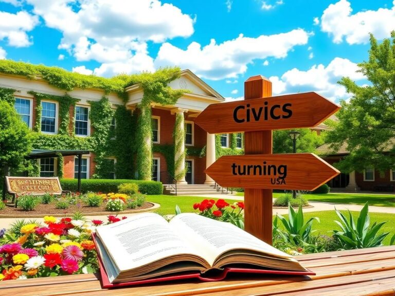 Flick International Serene exterior of a classical-style school building with ivy-covered walls and a vibrant garden symbolizing unity and dialogue