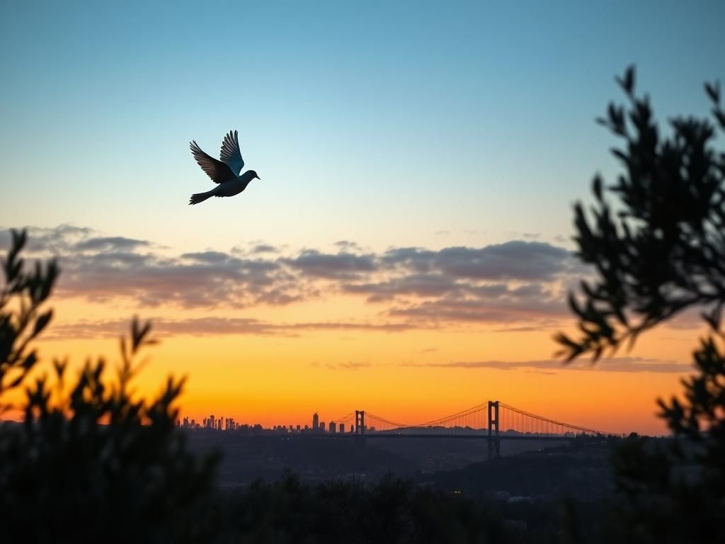Flick International Twilight landscape of the Gaza Strip with a dove flying above olive trees and Jerusalem's skyline