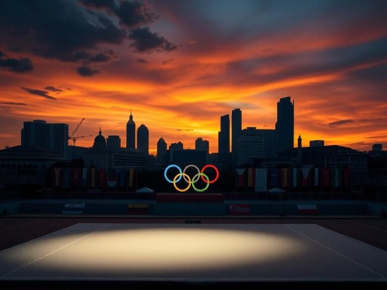 Flick International Dramatic skyline of Jakarta at dusk with an empty gymnastics mat symbolizing the absence of the Israeli team