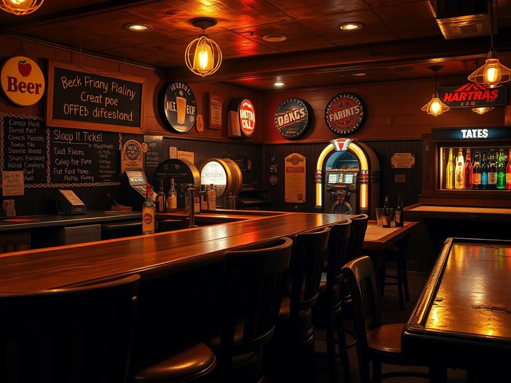 Flick International High-contrast interior of a rustic dive bar with worn wooden bar stools and vintage beer signs.