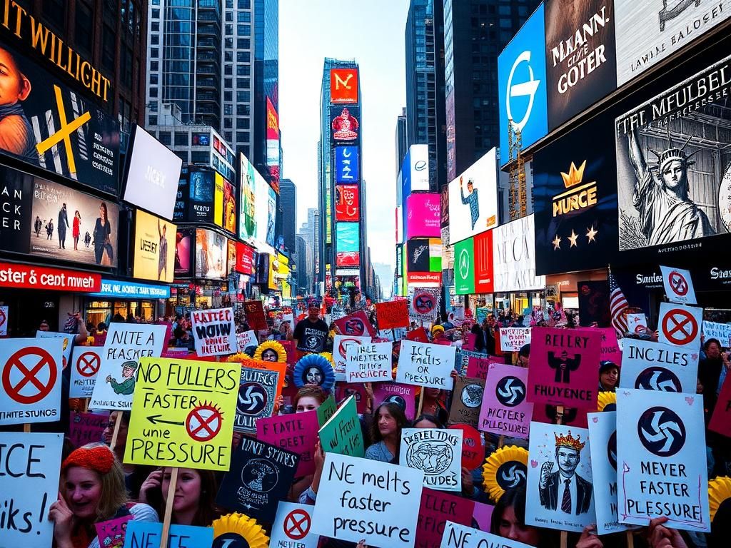 Flick International A dynamic protest scene in Times Square featuring colorful signs with messages against injustice