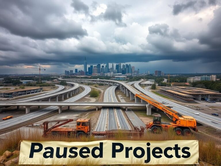 Flick International Aerial view of paused infrastructure construction site with idle equipment