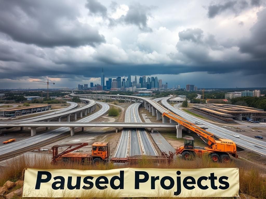 Flick International Aerial view of paused infrastructure construction site with idle equipment