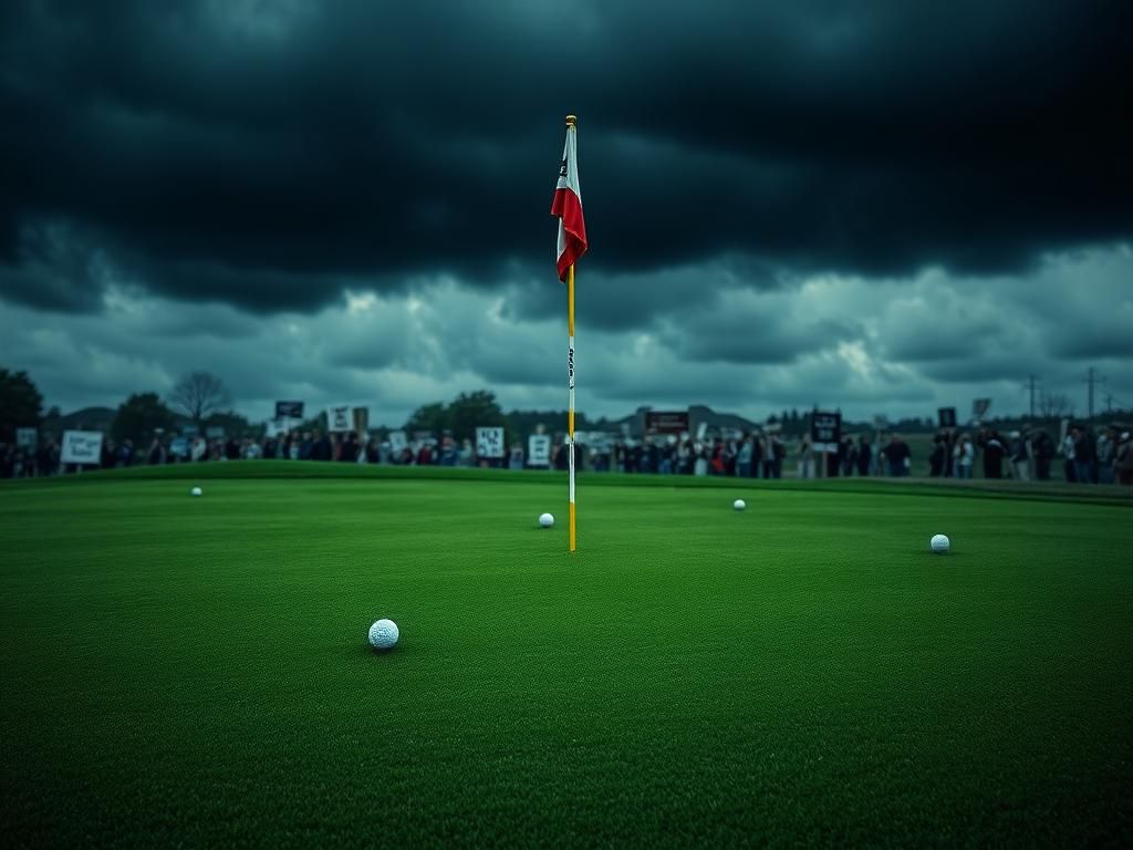 Flick International Dark overcast sky over a golf course with protest signs symbolizing political unrest