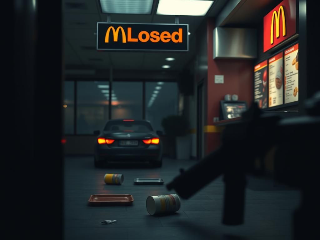 Flick International Dimly lit interior of a McDonald's restaurant with a 'Closed' sign and signs of chaos