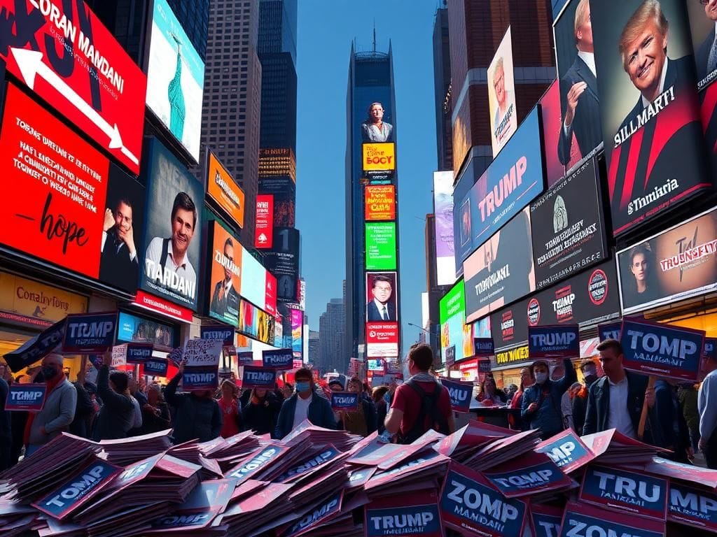 Flick International A vibrant scene of Times Square filled with protest signs supporting Zohran Mamdani and opposing Trump, reflecting activism.