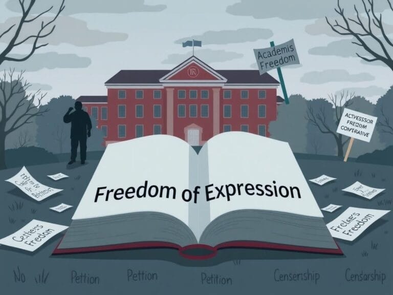 Flick International Conceptual illustration of a university campus scene depicting tension over academic freedom with an open book titled 'Freedom of Expression'.