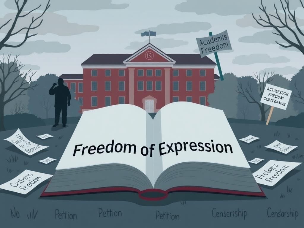 Flick International Conceptual illustration of a university campus scene depicting tension over academic freedom with an open book titled 'Freedom of Expression'.