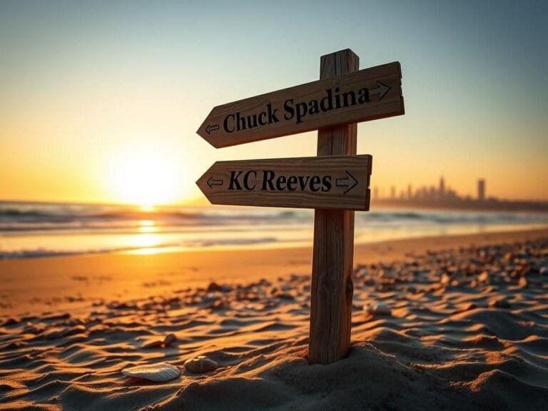 Flick International A serene beach scene at sunset with a weathered wooden signpost reflecting Keanu Reeves' journey and identity.