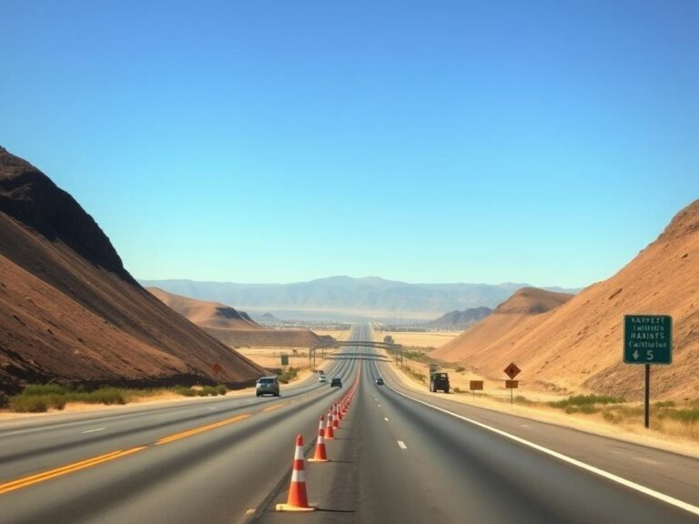 Flick International Panoramic view of California's Interstate 5 during Marine Corps anniversary celebration with road closure signs