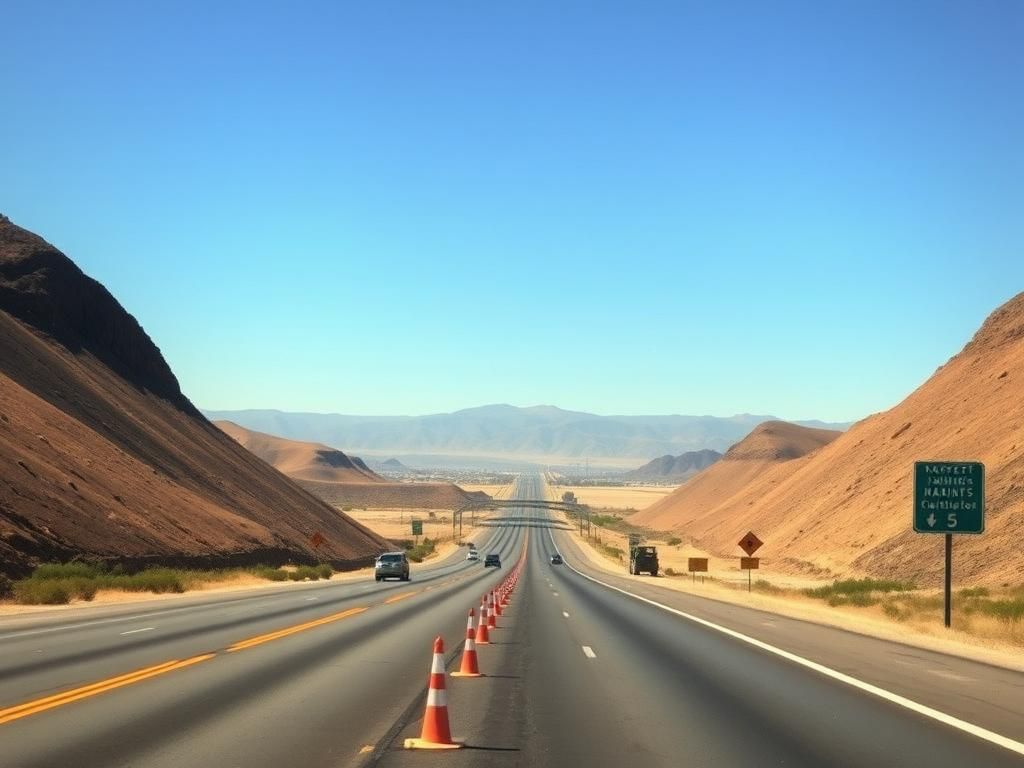 Flick International Panoramic view of California's Interstate 5 during Marine Corps anniversary celebration with road closure signs