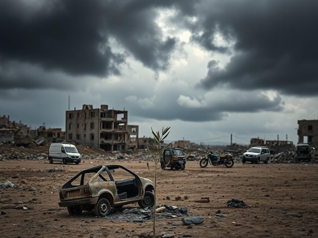 Flick International A charred vehicle amidst the rubble of Gaza, symbolizing conflict