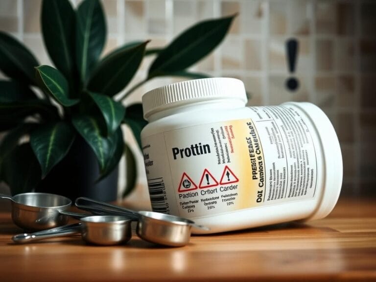 Flick International Close-up view of a protein powder container on a kitchen counter, with measuring spoons and cautionary symbols indicating heavy metal content.