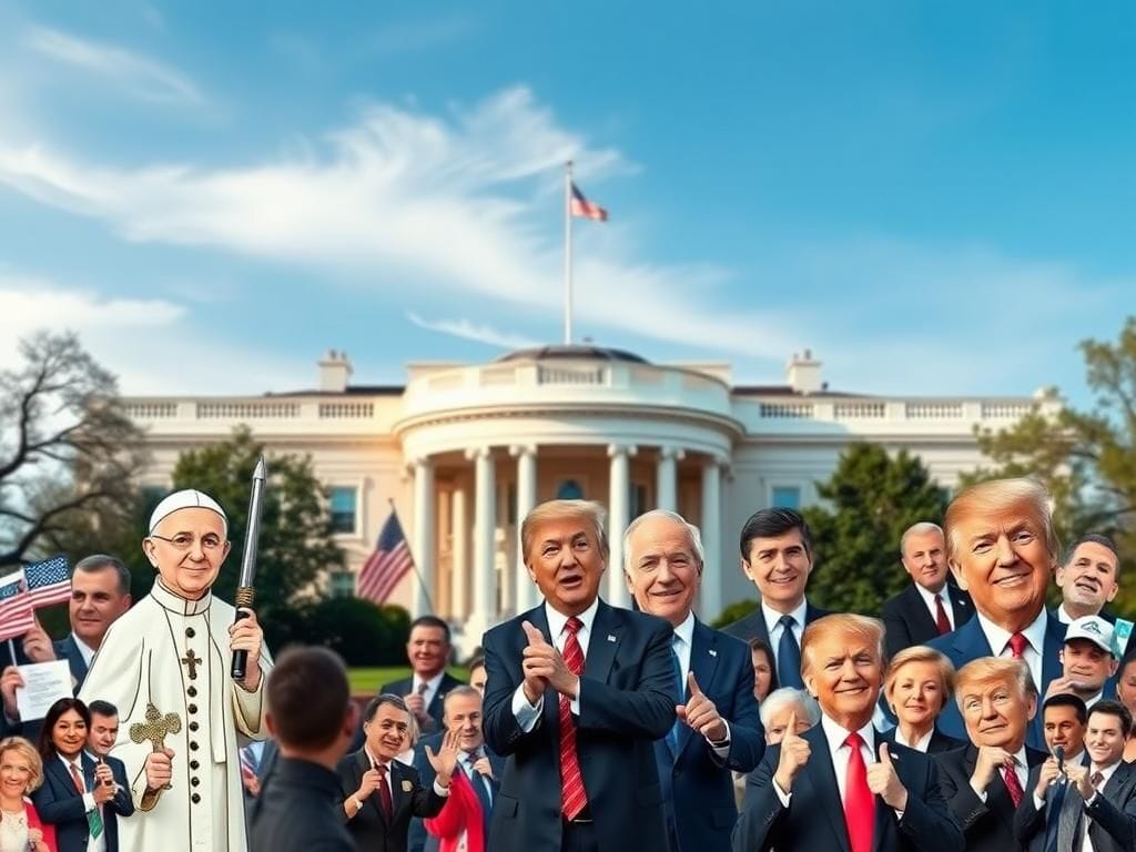 Flick International Digital collage featuring iconic political memes and symbols with the White House in the background