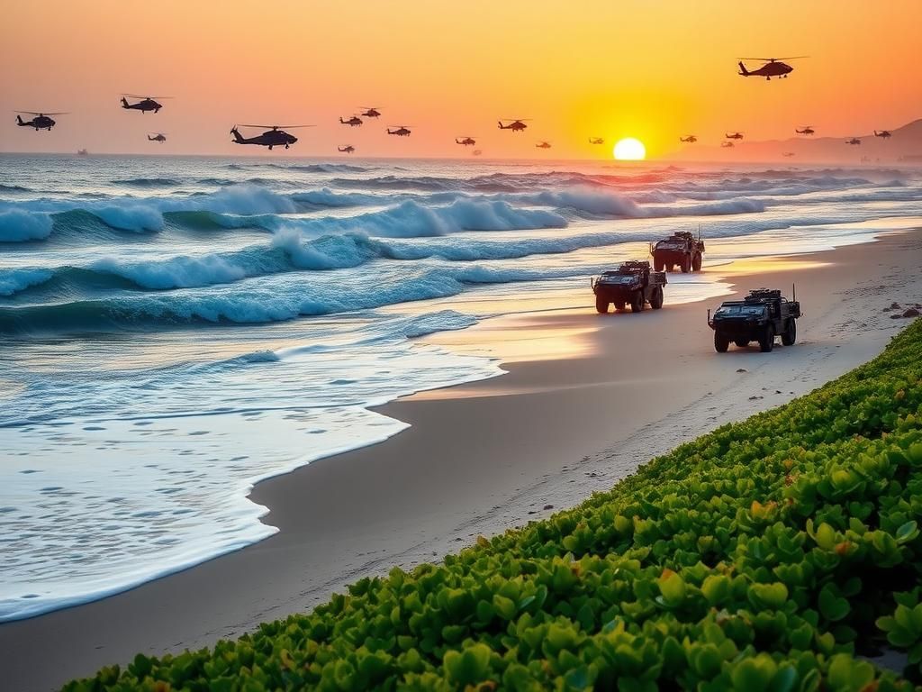 Flick International A dramatic coastal scene at dawn featuring military helicopters over Red Beach at Camp Pendleton.