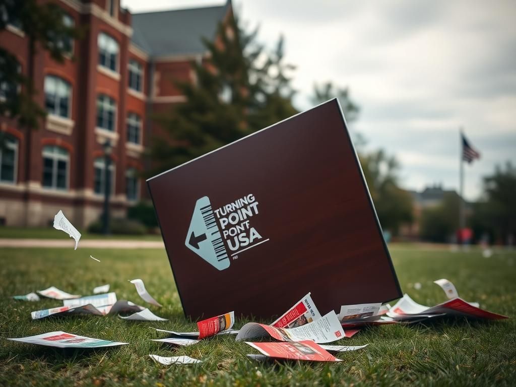 Flick International Overturned Turning Point USA table with scattered flyers on university campus