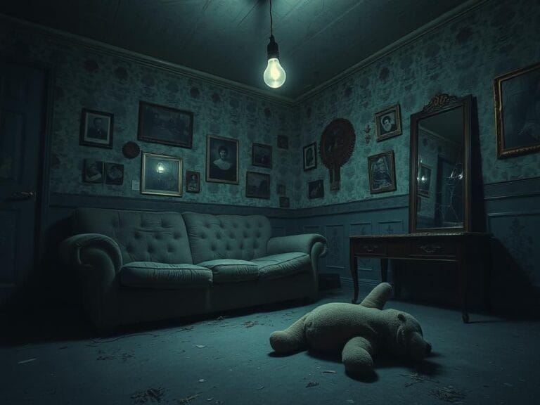 Flick International Dimly lit, abandoned living room with a dusty couch and a worn teddy bear, symbolizing lost innocence