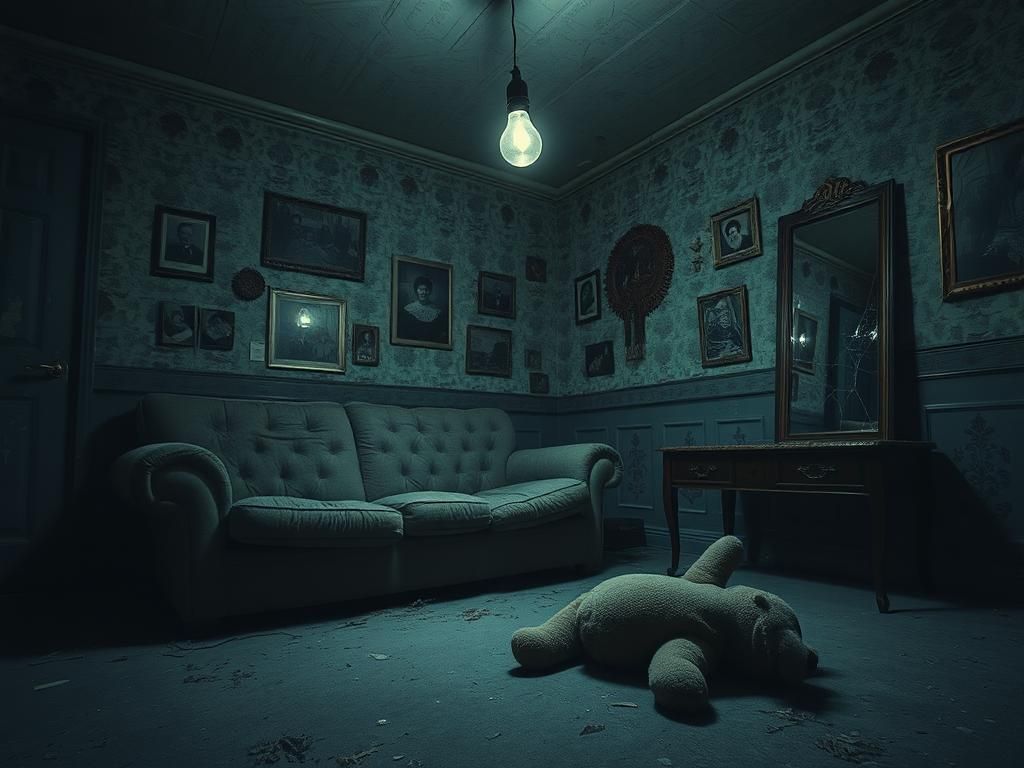 Flick International Dimly lit, abandoned living room with a dusty couch and a worn teddy bear, symbolizing lost innocence