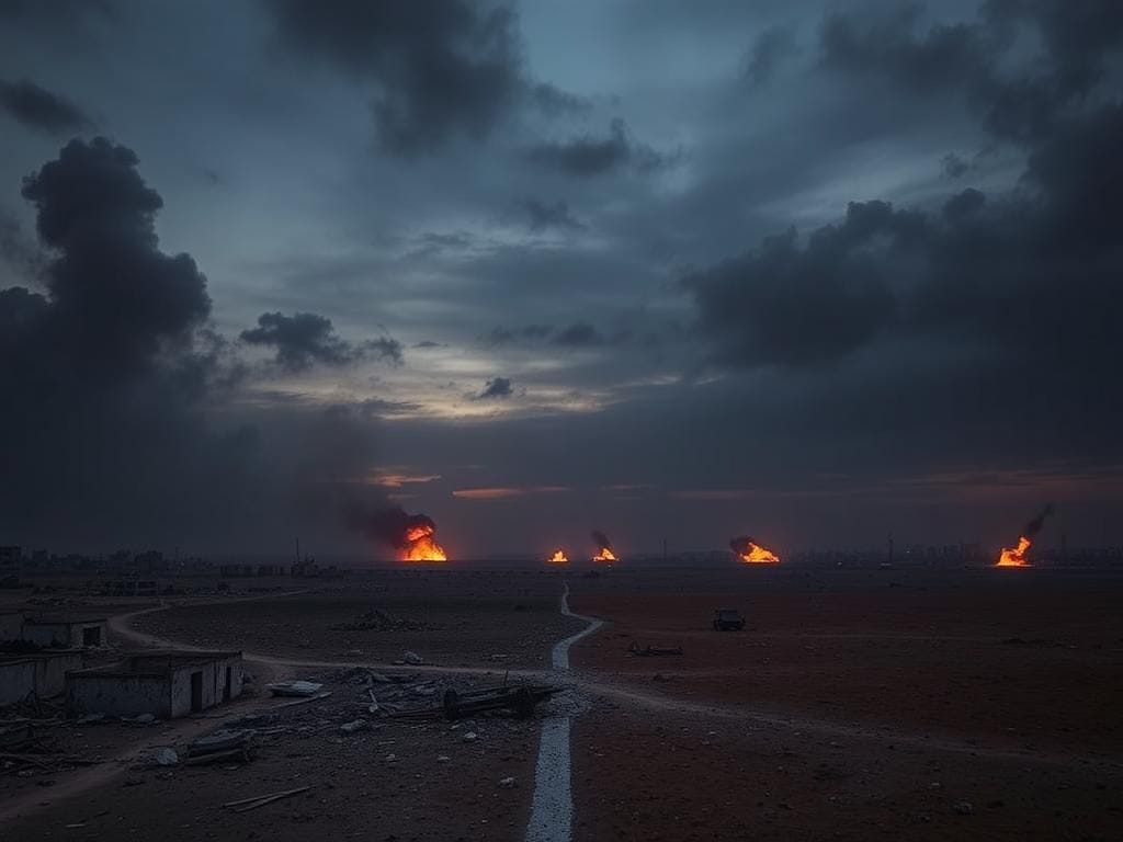 Flick International Dramatic landscape of the Gaza Strip at dusk, showcasing the aftermath of conflict with crumbled buildings and distant explosions.