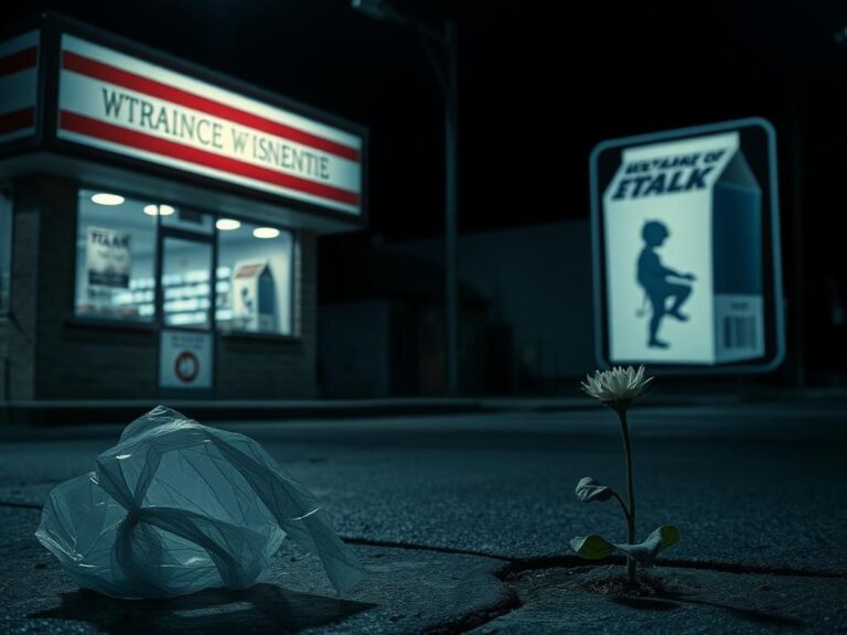 Flick International Somber urban landscape with a deserted convenience store symbolizing lost innocence and mystery in the Etan Patz case