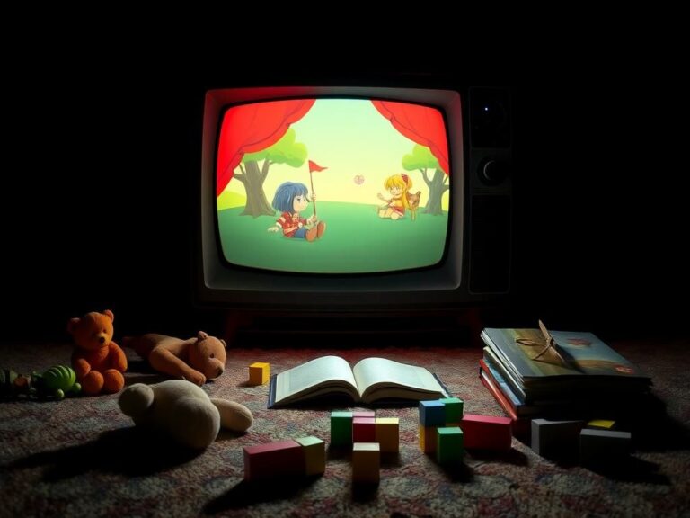 Flick International A dramatic scene with an oversized vintage television displaying animated children's content against a dark background