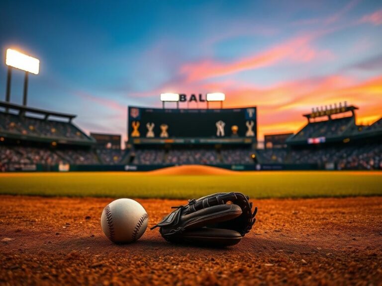 Flick International Dramatic twilight baseball scene at a vibrant stadium showcasing a worn infield and a baseball glove next to a baseball.