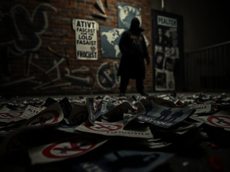 Flick International A collection of torn anti-fascist flyers scattered on a dimly lit urban street, representing activism and resistance.