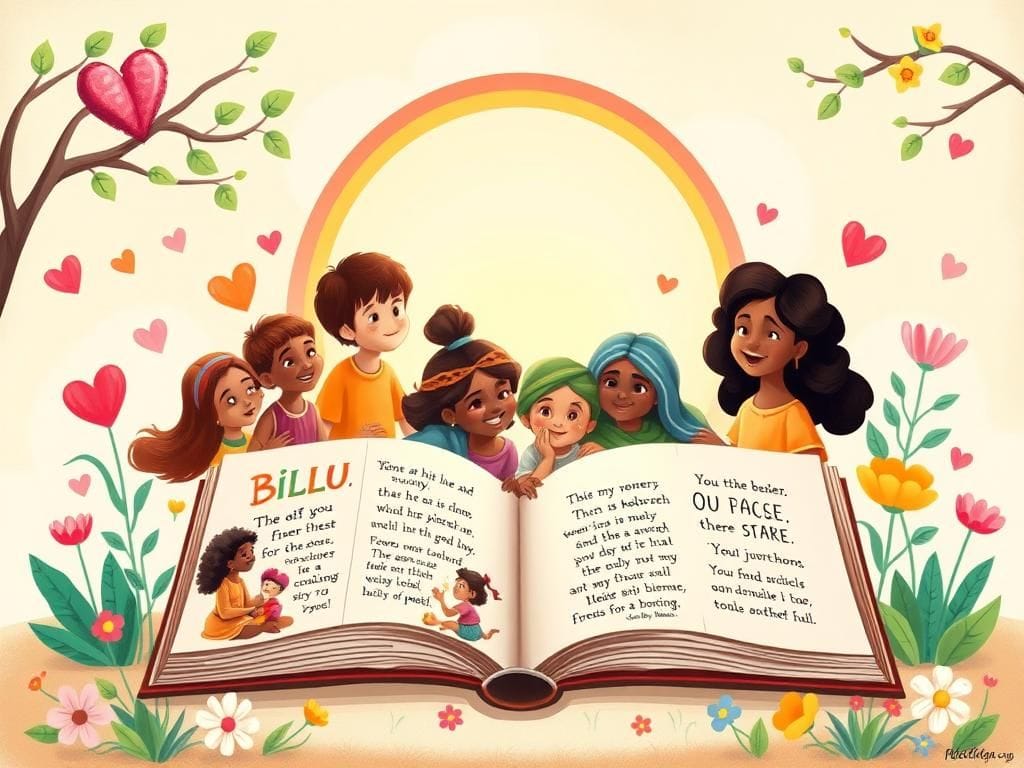 Flick International A whimsical, colorful children's Bible scene with diverse illustrations and characters