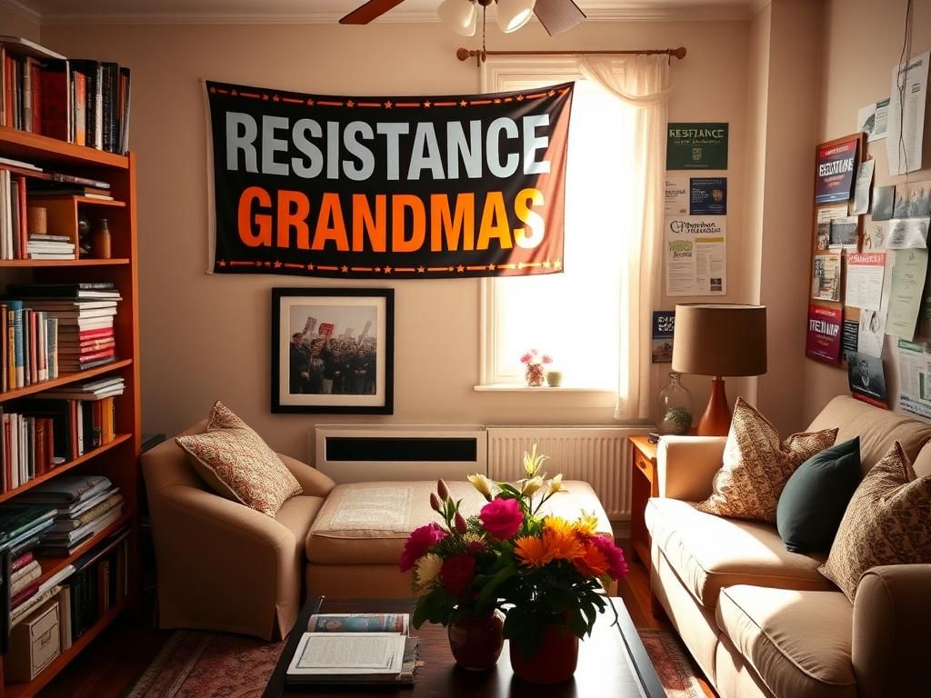 Flick International Cozy living room filled with political literature and a banner reading 'Resistance Grandmas'