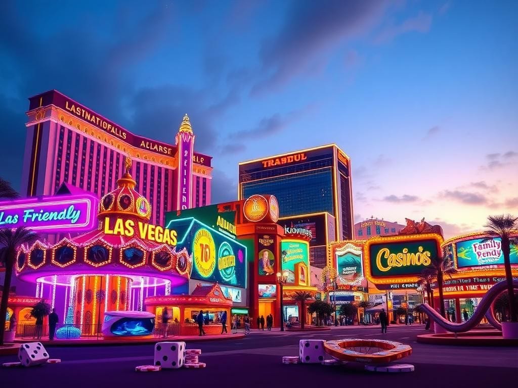 Flick International A vibrant scene of the Las Vegas Strip showcasing family-friendly attractions