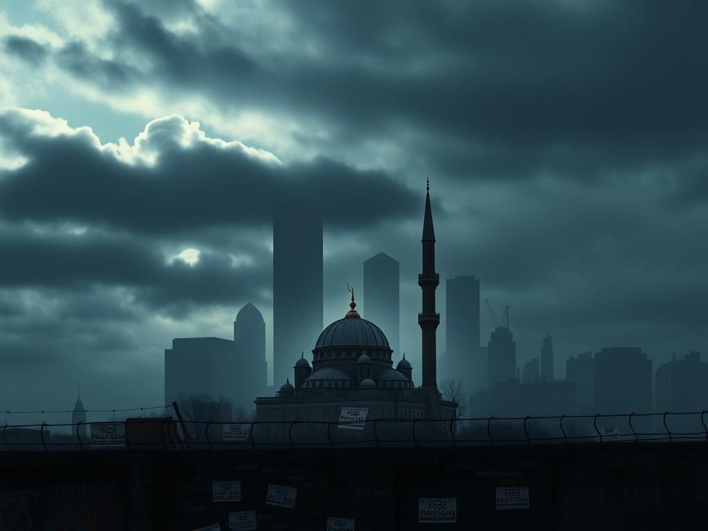 Flick International Dark urban landscape featuring the silhouetted World Trade Center towers with a mosque and barbed wire
