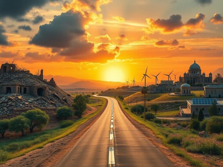 Flick International A symbolic depiction of the Middle East at a crossroads, illustrating a transition from destruction to prosperity.