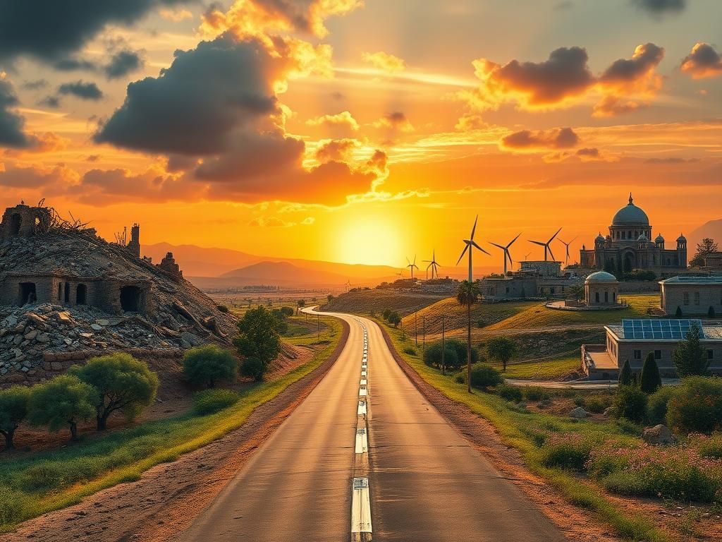 Flick International A symbolic depiction of the Middle East at a crossroads, illustrating a transition from destruction to prosperity.