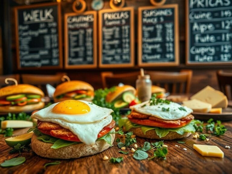 Flick International Close-up of an egg sandwich on a rustic wooden table in a cozy restaurant