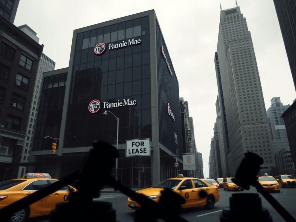 Flick International Exterior view of Fannie Mae and Freddie Mac office building with logos, dark windows, and a 'For Lease' sign in a bustling NYC landscape