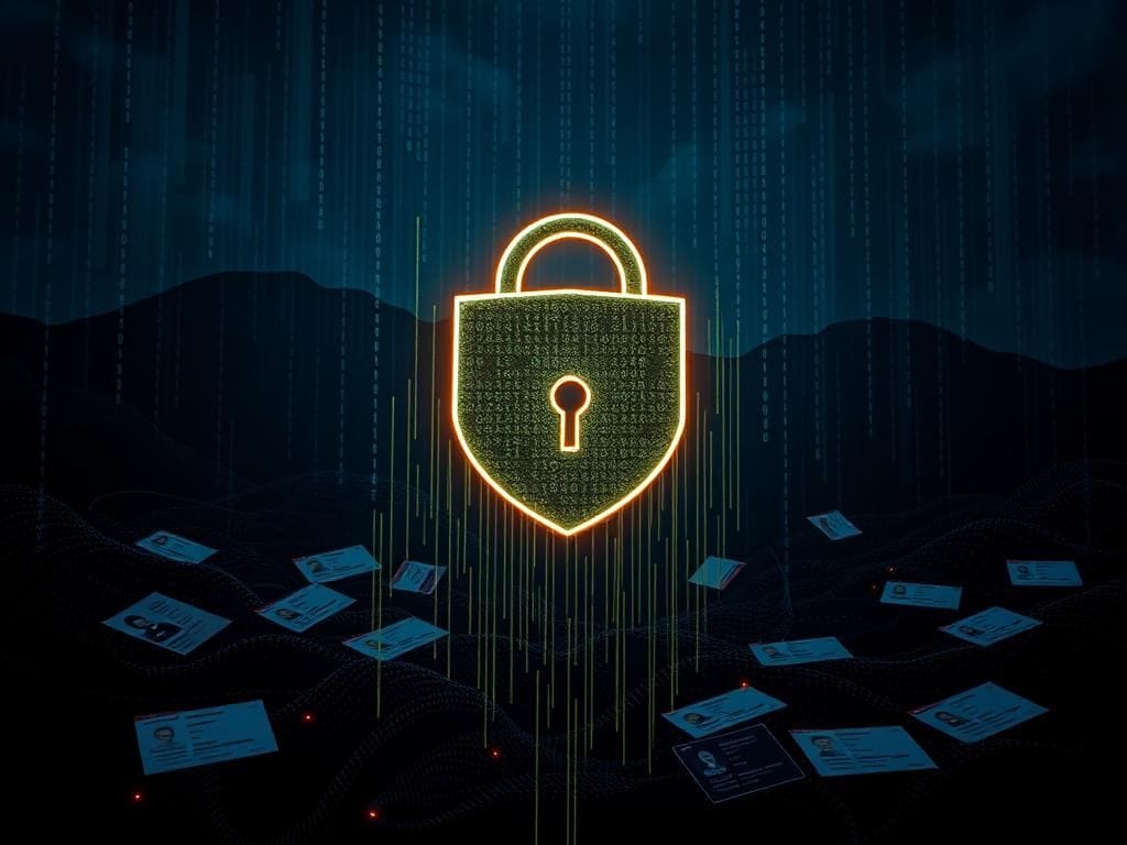 Flick International Dark digital landscape representing cybersecurity threats with a glowing lock and government IDs